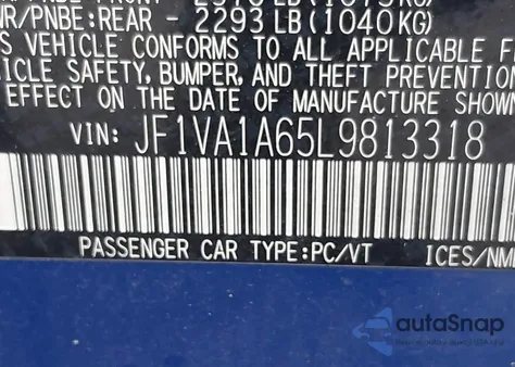 2020 Subaru Wrx from USA, damaged, VIN JF1VA1A65L9813318